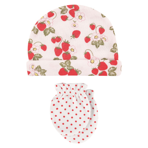 Hudson Baby Cotton Cap and Scratch Mitten Set, Strawberries