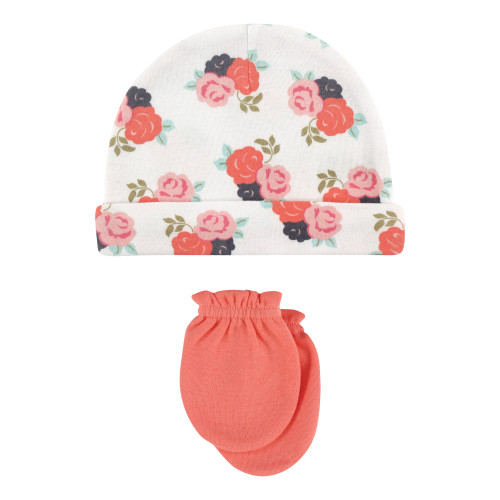 Hudson Baby Cotton Cap and Scratch Mitten Set, Floral