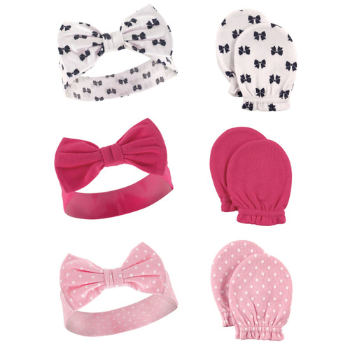 Hudson Baby Girl Headband and Scratch Mittens, 6-Piece Set, Bows