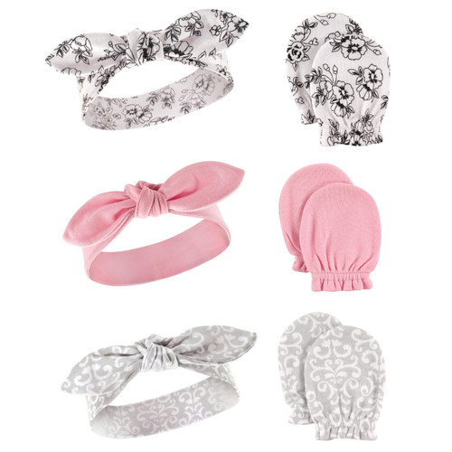 Hudson Baby Girl Headband and Scratch Mittens, 6-Piece Set, Floral