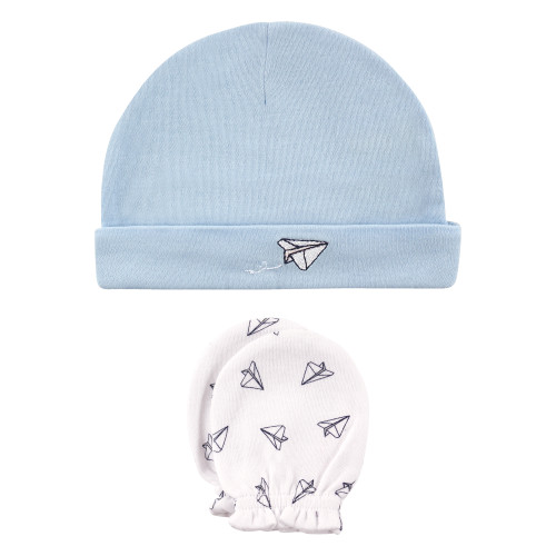 Hudson Baby Cotton Cap and Scratch Mitten Set, Paper Airplane