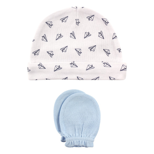 Hudson Baby Cotton Cap and Scratch Mitten Set, Paper Airplane