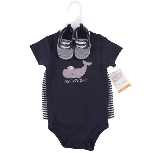 Hudson Baby Cotton Bodysuit, Shorts and Shoe Set, Sailor Whale