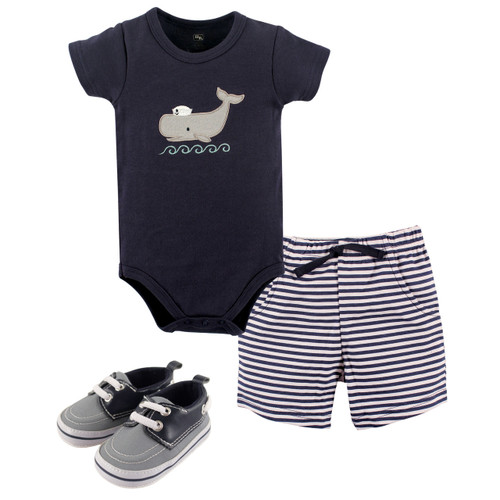 Hudson Baby Boy Bodysuit, Shorts and Shoes, 3-Piece Set, Sailor Whale