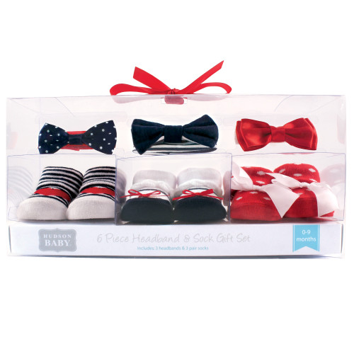 Hudson Baby Headband and Socks Giftset, Red Navy