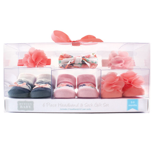 Hudson Baby Headband and Socks Giftset, Coral Floral