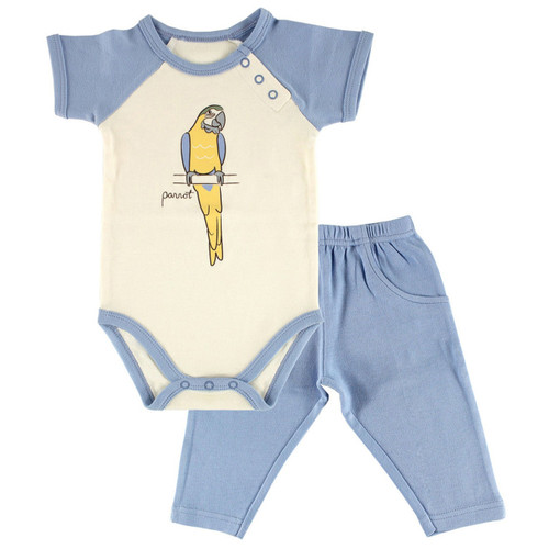 Touched By Nature Boy Organic Cotton Bodysuit and Pant, 2-Piece Set, Parrot