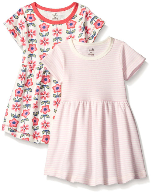 Touched by Nature Baby and Toddler Girl Organic Cotton Short-Sleeve Dresses  2pk, Rose and Berries, 9-12 Months 