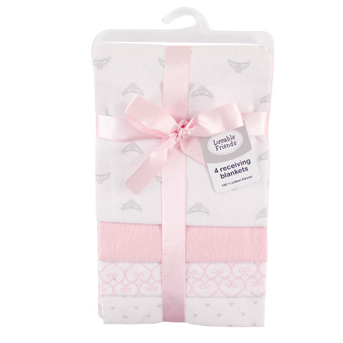 Luvable Friends Cotton Flannel Receiving Blankets, Tiara 4-Pack