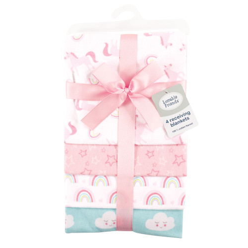 Luvable Friends Cotton Flannel Receiving Blankets, Rainbow 4-Pack