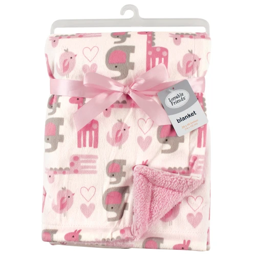Luvable Friends Plush Blanket with Sherpa Back, Girl Safari