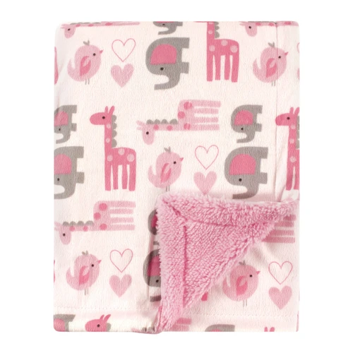 Luvable Friends Plush Blanket with Sherpa Back, Girl Safari