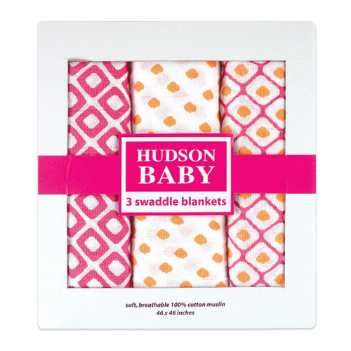 Hudson Baby Girl Muslin Swaddle Blankets, 3-Pack, Pink