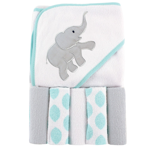 Luvable Friends Girl Hooded Towel with Washcloths, 6-Piece Set, Ikat Elephant