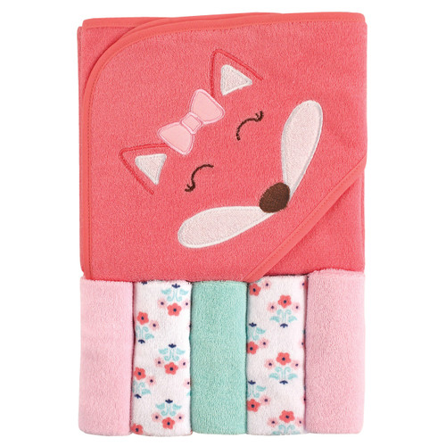 Luvable Friends Girl Hooded Towel with Washcloths, 6-Piece Set, Girl Fox
