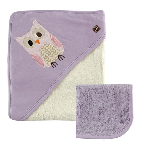 Hudson Baby Girl Bamboo Hooded Bath Towel with Washcloth, Purple Owl