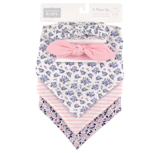 Hudson Baby Cotton Bib and Headband or Caps Set, Classic Floral