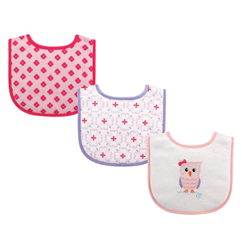 Luvable Friends Girl Drooler Bib, 3-Pack, Pink Owl