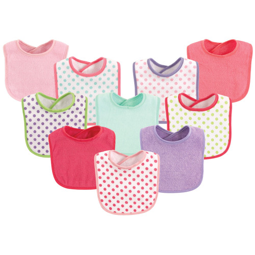 Luvable Friends Girl Feeder Bibs, 10-Pack, Girl Dots and Solid