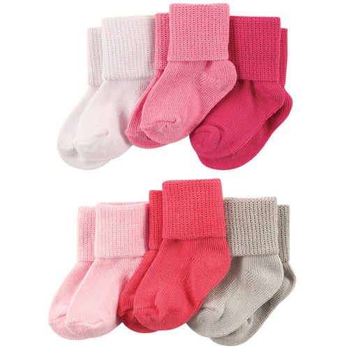 Luvable Friends Girl Basic Cuff Socks, 6-Pack, Coral and Pink