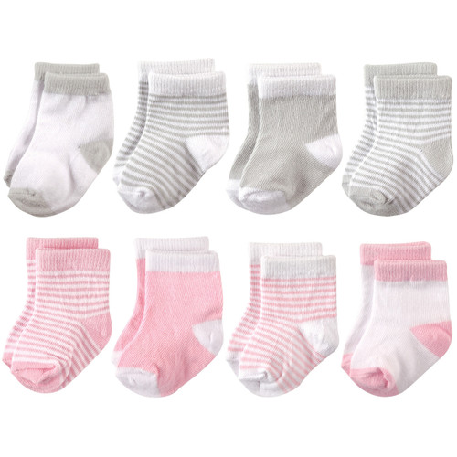 Hudson Baby Girl Basic Crew Socks, 8-Pack, Pink Stripes