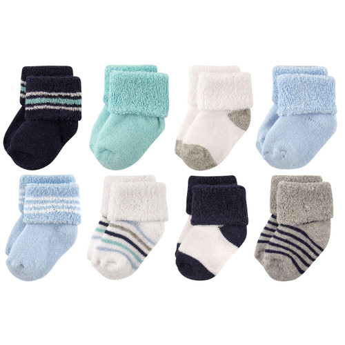 Luvable Friends Newborn and Baby Terry Socks, Mint Navy Stripes 8-Pack