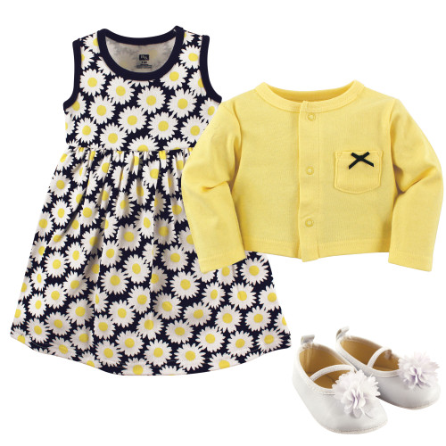 Hudson Baby Cotton Dress, Cardigan and Shoe Set, Daisy