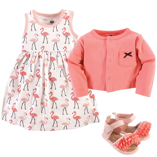 Hudson Baby Cotton Dress, Cardigan and Shoe Set, Flamingos