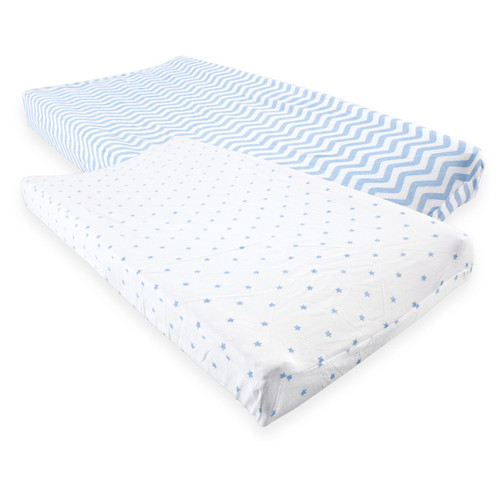 Luvable Friends Boy Changing Pad Cover, 2-Pack, Blue Chevron and Stars