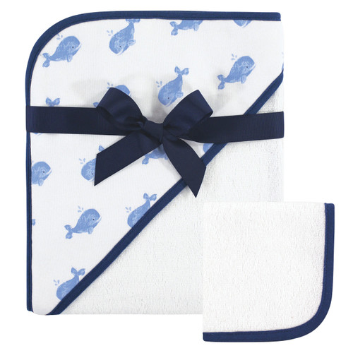 Hudson Baby Boy Woven Hooded Towel and Washcloth Set, Whale