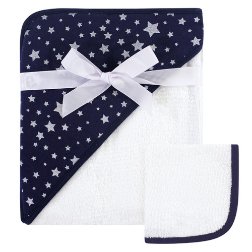 Hudson Baby Boy Woven Hooded Towel and Washcloth Set, Navy and Silver Stars