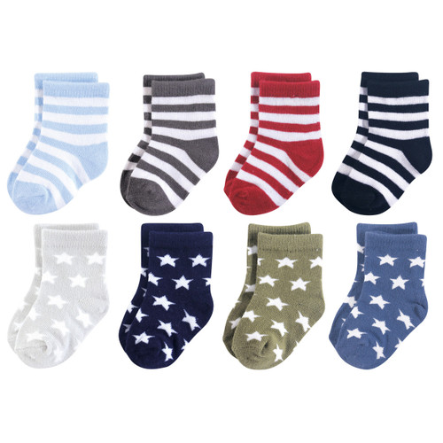 Luvable Friends Boy Crew Socks, 8-Pack, Black and Blue Stars