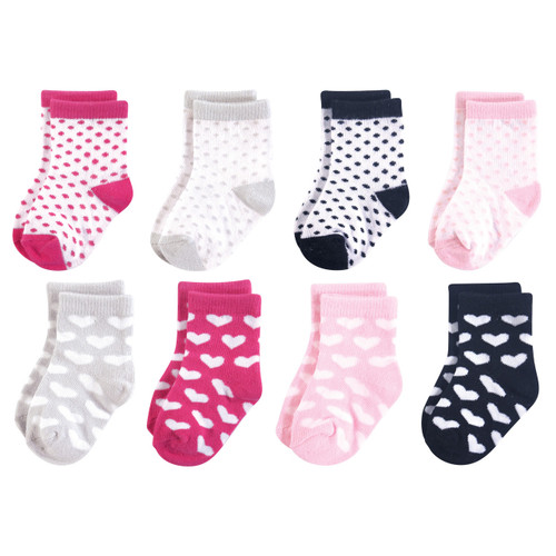 Luvable Friends Girl Crew Socks, 8-Pack, Black and Pink Hearts
