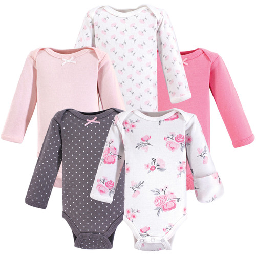 Hudson Baby Girl Preemie Long Sleeve  Bodysuits, 5-Pack, Pink Floral