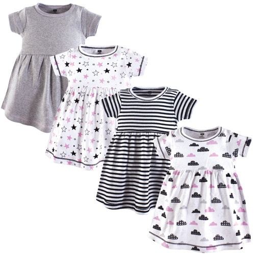 Hudson Baby Girl Cotton Dress, 4-Pack, Stars and Clouds, Toddler
