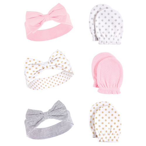 Hudson Baby Girl Headband and Scratch Mittens, 6-Piece Set, Dots