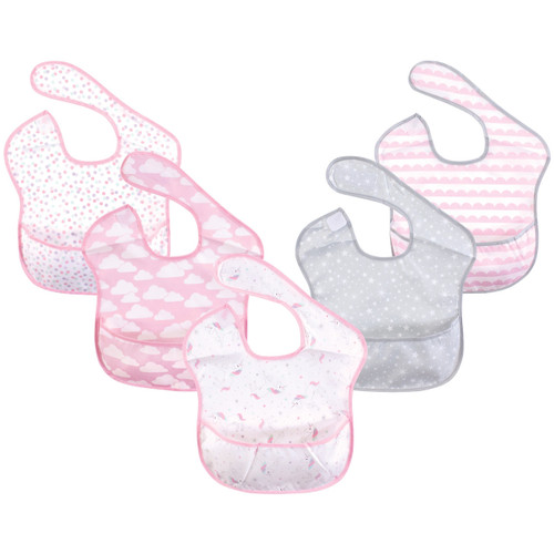 Hudson Baby Girl Waterproof Bibs, 5-Pack, Magical Unicorn, Feeder Bib