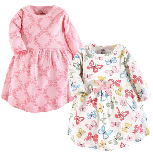 Touched By Nature Girl Toddler Organic Cotton Long Sleeve Dress, 2-Pack, Butterflies