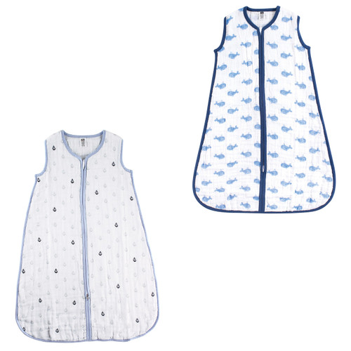 Hudson Baby Muslin Cotton Sleeveless Wearable Sleeping Bag, Sack, Blanket, Whale Blue Anchors 2-Pack