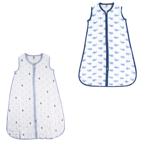 Hudson Baby Muslin Cotton Sleeveless Wearable Sleeping Bag, Sack, Blanket, Whale Blue Anchors 2-Pack