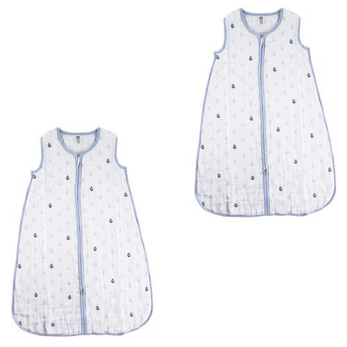 Hudson Baby Boy Safe Sleep Wearable Muslin Sleeping Bag 2-Pack, Blue Anchors