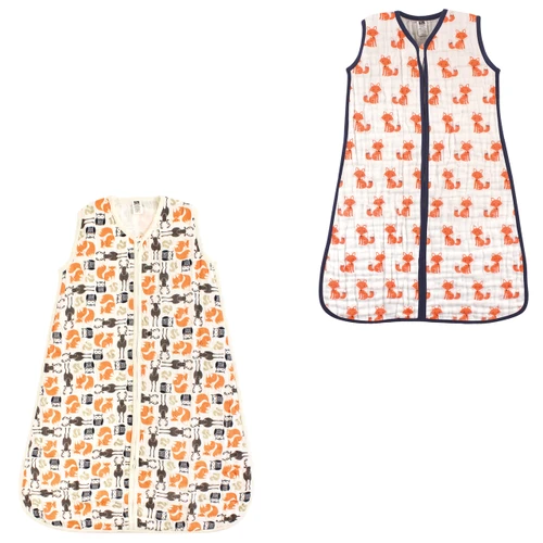 Hudson Baby Muslin Cotton Sleeveless Wearable Sleeping Bag, Sack, Blanket, Foxes Forest 2-Pack