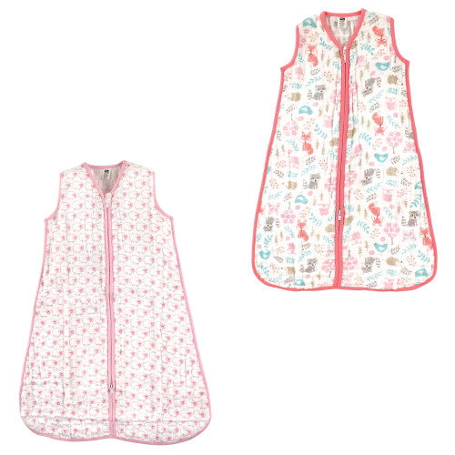 Hudson Baby Muslin Cotton Sleeveless Wearable Sleeping Bag, Sack, Blanket, Pink Sheep Woodland Fox 2-Pack