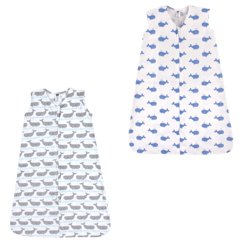 Hudson Baby Cotton Sleeveless Wearable Sleeping Bag, Sack, Blanket, Blue Gray Whales 2-Pack