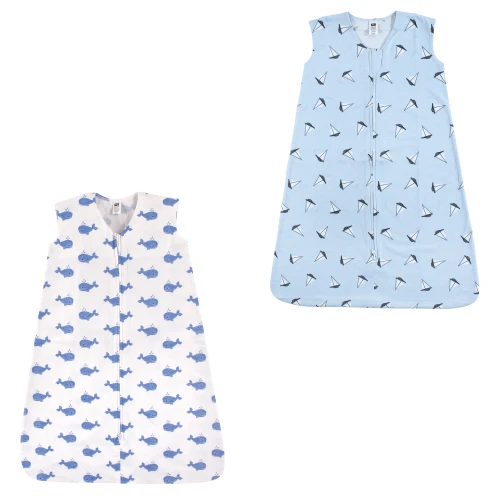 Hudson Baby Cotton Sleeveless Wearable Sleeping Bag, Sack, Blanket, Blue Whales Sailboats 2-Pack