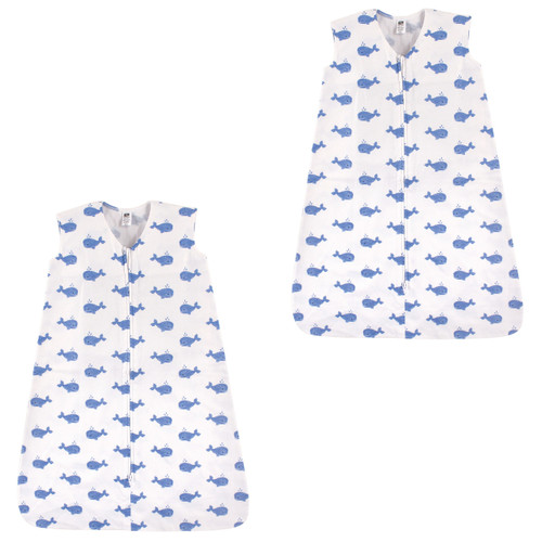 Hudson Baby Cotton Sleeveless Wearable Sleeping Bag, Sack, Blanket, Blue Whales 2-Pack