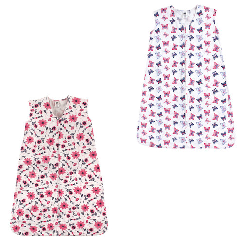Hudson Baby Cotton Sleeveless Wearable Sleeping Bag, Sack, Blanket, Pink Flowers And Butterflies 2-Pack