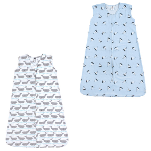 Hudson Baby Cotton Sleeveless Wearable Sleeping Bag, Sack, Blanket, Whales Sailboats 2-Pack