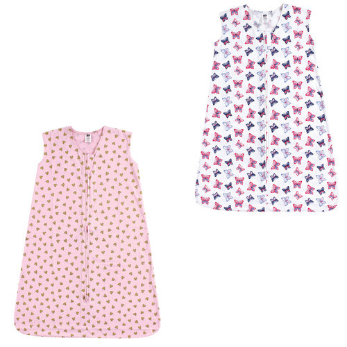 Hudson Baby Cotton Sleeveless Wearable Sleeping Bag, Sack, Blanket, Gold Hearts And Butterflies 2-Pack
