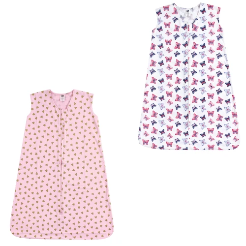 Hudson Baby Cotton Sleeveless Wearable Sleeping Bag, Sack, Blanket, Gold Hearts And Butterflies 2-Pack